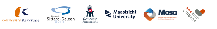 Logo's van de partners van het GGroen project. Gemeentes Kerkrade, Sittard-Geleen en Maastricht, Universiteit Maastricht, AWPG Mosa en GGD Zuid Limburg