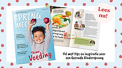 Afbeelding met een cover van een magazine en een opengeslagen pagina van een magazine met tekst in een rondje: lees nu! en tekst onderin met 'Vol met tips en inspiratie voor een Gezonde Kinderopvang' 