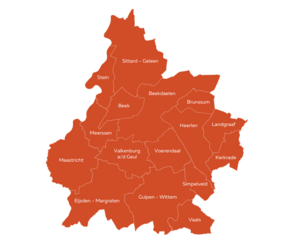 16 gemeenten Zuid-Limburg: Beek, Beekdaelen, Brunssum, Eijsden-Margraten, Gulpen- Wittem, Heerlen, Kerkrade, Landgraaf, Maastricht, Meerssen, Simpelveld, Sittard, Stein, Vaals, Valkenburg en Voerendaal. 
